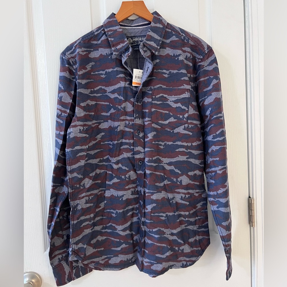NWT American Rag Gray and Brown and blue camouflaged like Patterned button up